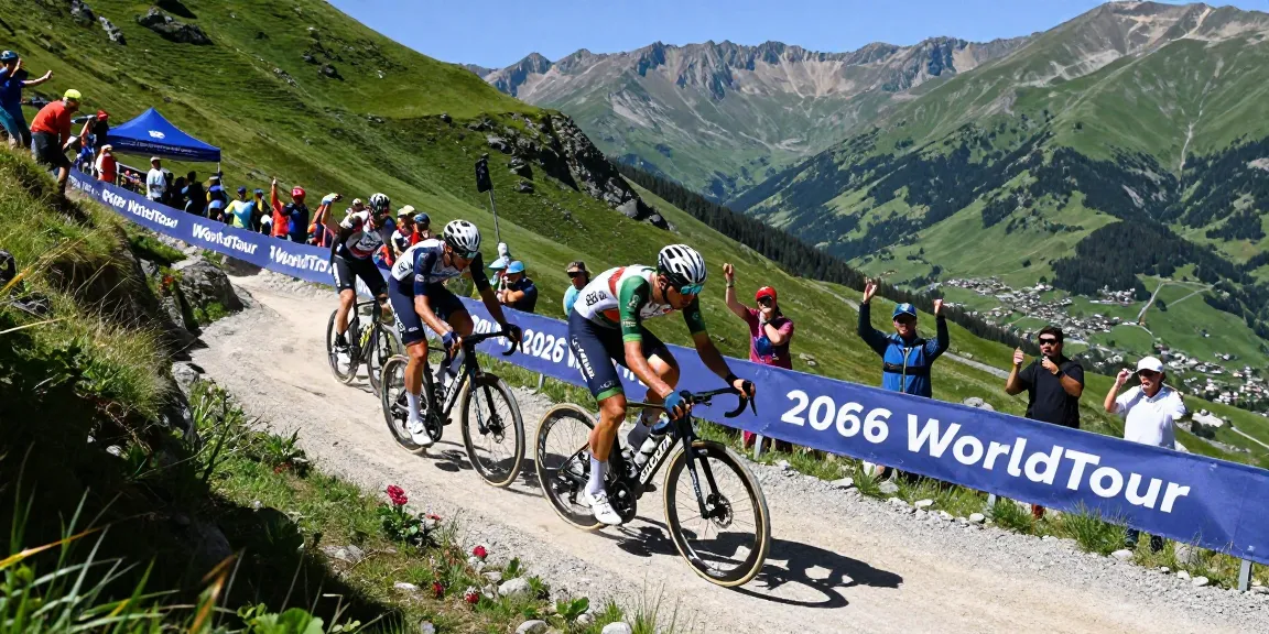 WorldTour cycling race with competitive cyclist sprinting up a steep mountain trail during the 2026 event.