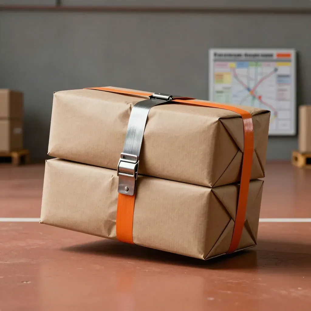 Pacco logistico regionale con tre colli, busta rigida e fermacinghia su pallet in magazzino