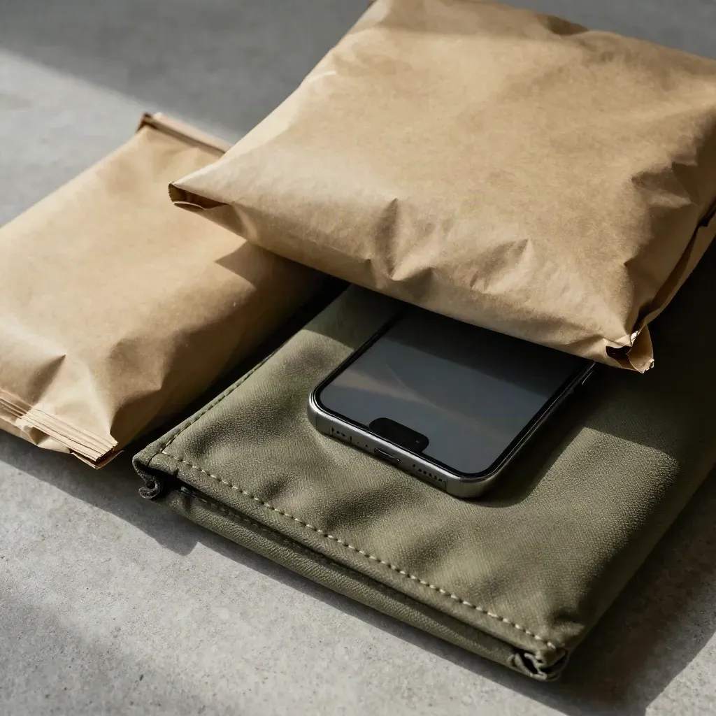 Tre pacchi da ritiro programmato con pouch e smartphone su cemento, ripresi dall’alto in diagonale.