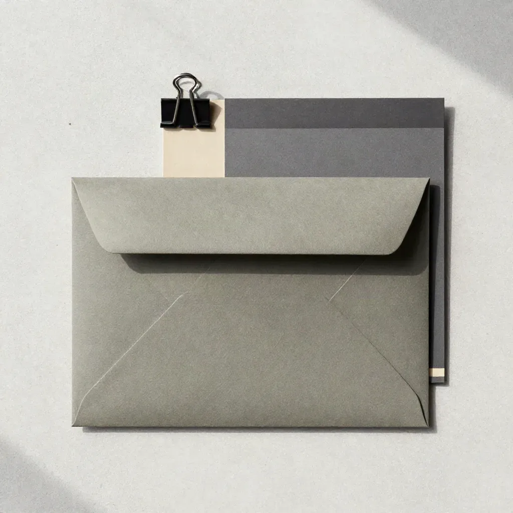 Flatlay overhead di una busta legale protetta con sleeve rigido, wrap piegato e clip nero.