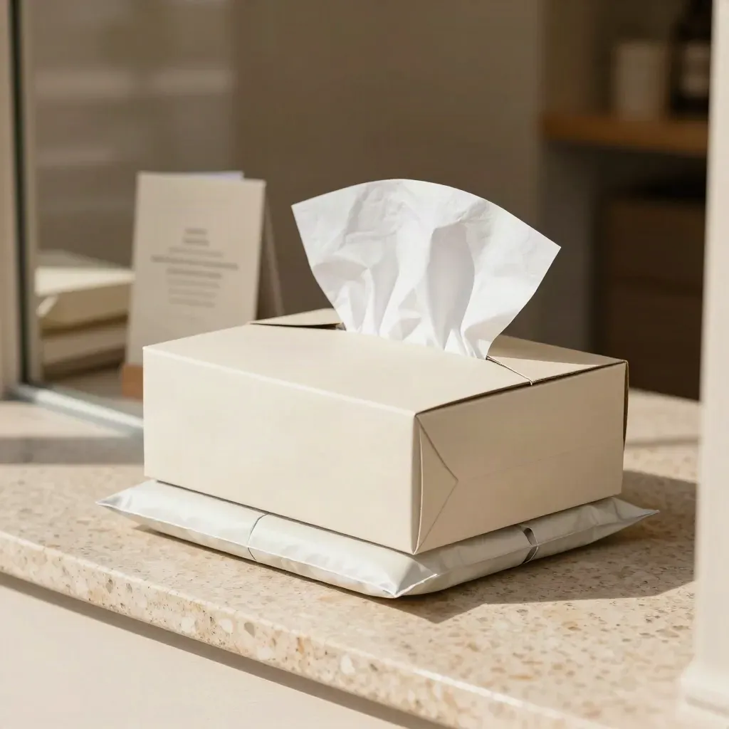 Pacco bianco, busta imbottita e tissue bundle su banco in travertino, stile premium.