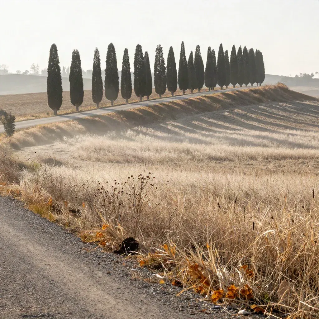 Strada rurale tra cipressi e campo autunnale nella luce dorata del tramonto.