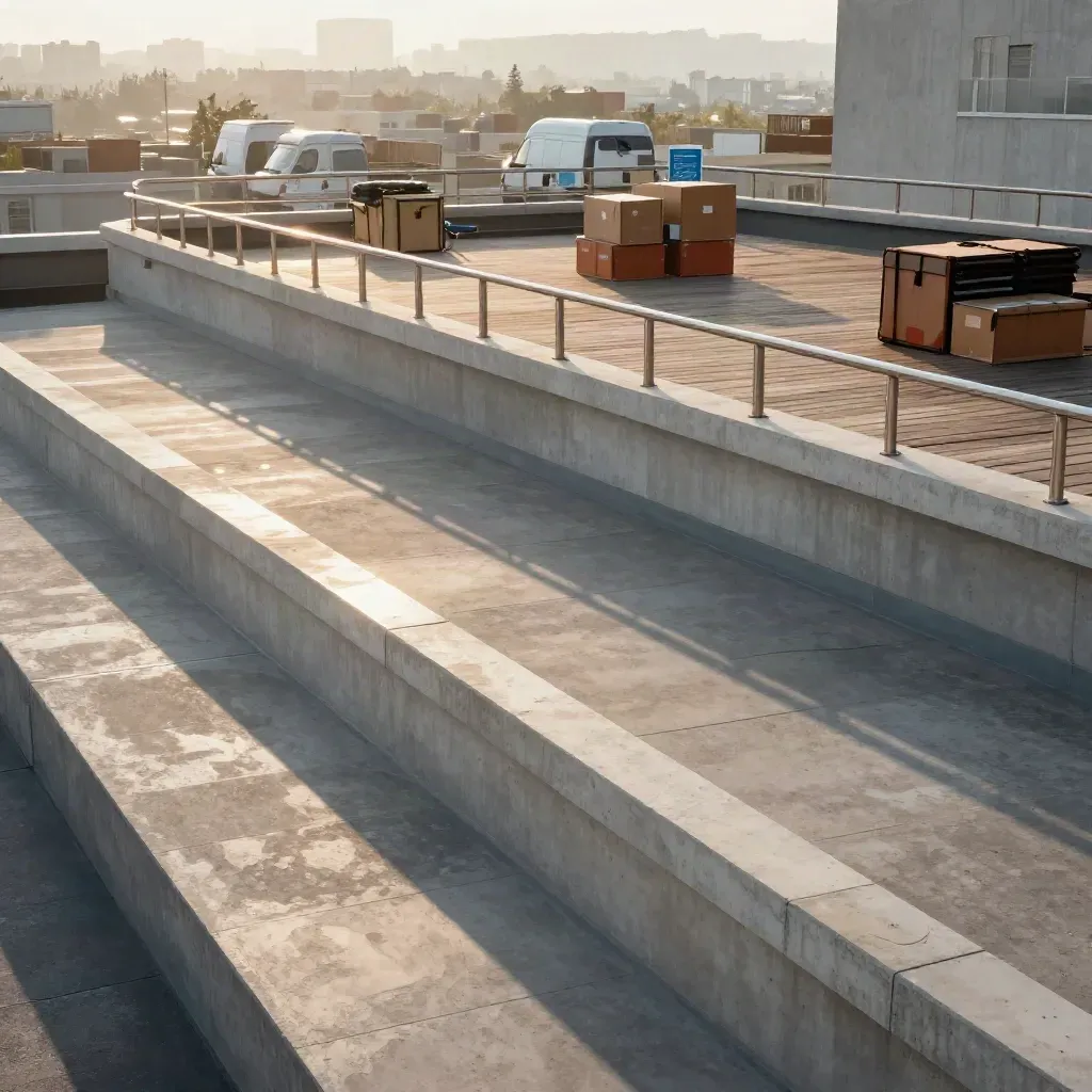 Terrazza logistica sul tetto al tramonto con furgoni sfocati e spazio libero per il testo.